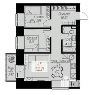 2-к квартира, строящийся дом, 52м2, 9/17 этаж