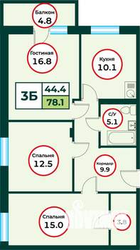 3-к квартира, строящийся дом, 78м2, 3/8 этаж