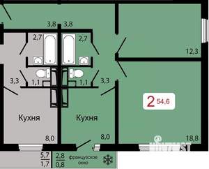 2-к квартира, строящийся дом, 55м2, 8/17 этаж
