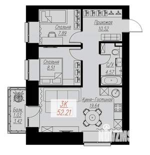 2-к квартира, строящийся дом, 52м2, 10/17 этаж