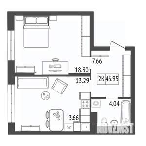 2-к квартира, строящийся дом, 47м2, 7/17 этаж