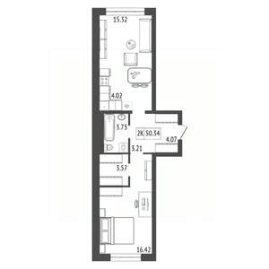 2-к квартира, строящийся дом, 50м2, 2/17 этаж