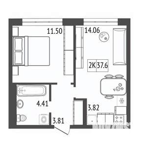 2-к квартира, строящийся дом, 38м2, 13/17 этаж