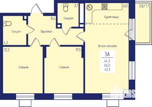 3-к квартира, строящийся дом, 67м2, 2/24 этаж