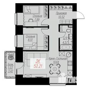 2-к квартира, строящийся дом, 52м2, 16/17 этаж