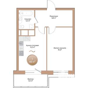 1-к квартира, вторичка, 46м2, 17/24 этаж