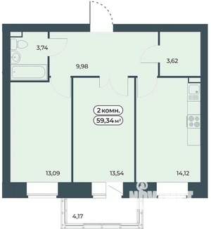 2-к квартира, строящийся дом, 59м2, 7/9 этаж