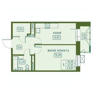 1-к квартира, вторичка, 43м2, 7/23 этаж