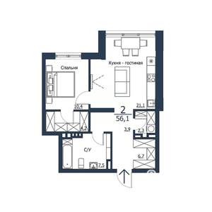 2-к квартира, строящийся дом, 56м2, 22/23 этаж