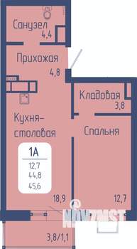 1-к квартира, строящийся дом, 46м2, 18/21 этаж