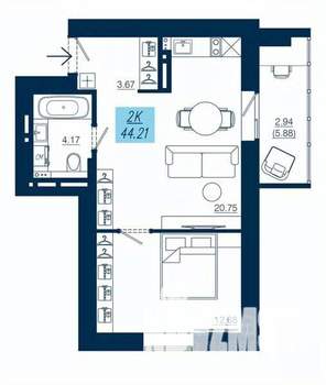 1-к квартира, вторичка, 44м2, 16/19 этаж