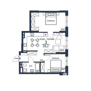 3-к квартира, строящийся дом, 59м2, 18/23 этаж
