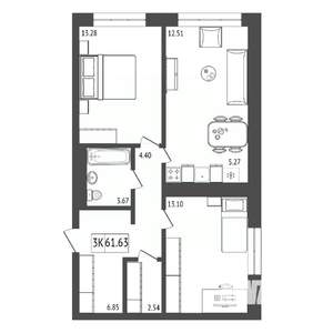 3-к квартира, строящийся дом, 62м2, 3/17 этаж