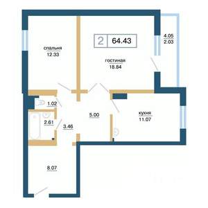 2-к квартира, вторичка, 64м2, 14/17 этаж