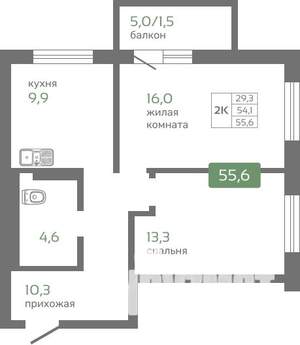 2-к квартира, вторичка, 56м2, 11/16 этаж