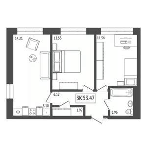 3-к квартира, строящийся дом, 53м2, 15/17 этаж