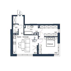 2-к квартира, строящийся дом, 56м2, 22/23 этаж