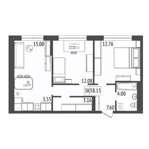 3-к квартира, строящийся дом, 58м2, 5/17 этаж