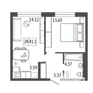 2-к квартира, строящийся дом, 41м2, 14/17 этаж