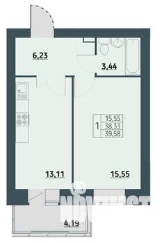 1-к квартира, строящийся дом, 40м2, 3/9 этаж