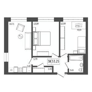 3-к квартира, строящийся дом, 53м2, 10/17 этаж