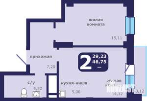 2-к квартира, строящийся дом, 47м2, 2/25 этаж