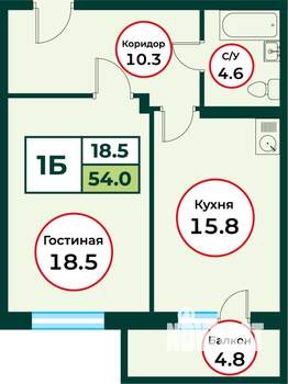 1-к квартира, строящийся дом, 54м2, 3/8 этаж