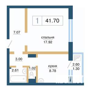 1-к квартира, строящийся дом, 42м2, 14/17 этаж