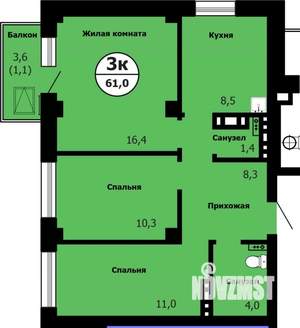 3-к квартира, строящийся дом, 62м2, 25/26 этаж