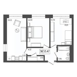3-к квартира, строящийся дом, 53м2, 16/17 этаж