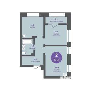 2-к квартира, вторичка, 51м2, 1/16 этаж