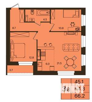 3-к квартира, строящийся дом, 66м2, 8/16 этаж