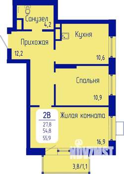 2-к квартира, строящийся дом, 56м2, 20/21 этаж