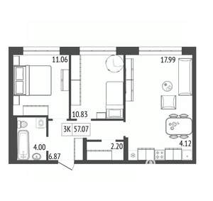 3-к квартира, вторичка, 57м2, 11/17 этаж