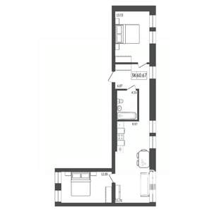 3-к квартира, строящийся дом, 61м2, 13/17 этаж