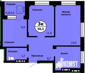 3-к квартира, строящийся дом, 58м2, 2/19 этаж