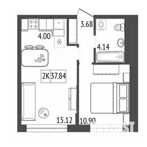 2-к квартира, строящийся дом, 38м2, 15/17 этаж