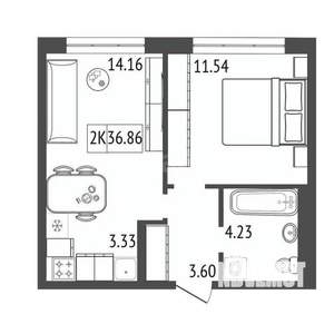 2-к квартира, вторичка, 37м2, 15/17 этаж
