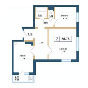 2-к квартира, вторичка, 56м2, 16/17 этаж