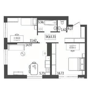 3-к квартира, вторичка, 63м2, 7/17 этаж