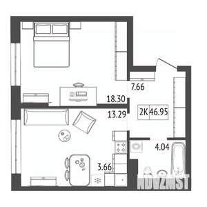 2-к квартира, строящийся дом, 47м2, 5/17 этаж