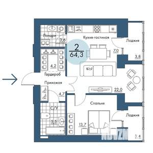 2-к квартира, строящийся дом, 64м2, 13/17 этаж