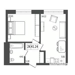 2-к квартира, строящийся дом, 41м2, 2/17 этаж