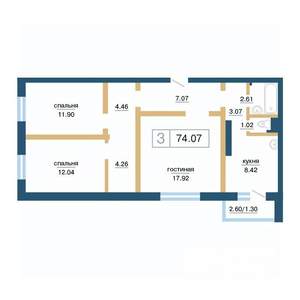3-к квартира, строящийся дом, 74м2, 13/17 этаж
