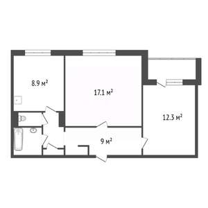 2-к квартира, вторичка, 53м2, 9/9 этаж