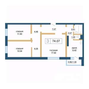3-к квартира, строящийся дом, 74м2, 4/17 этаж
