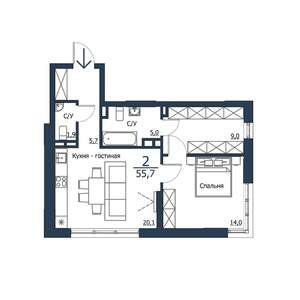2-к квартира, строящийся дом, 56м2, 18/23 этаж