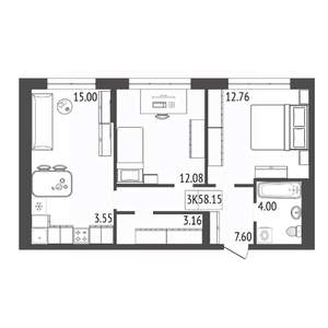 3-к квартира, строящийся дом, 58м2, 4/17 этаж
