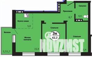3-к квартира, строящийся дом, 62м2, 17/19 этаж