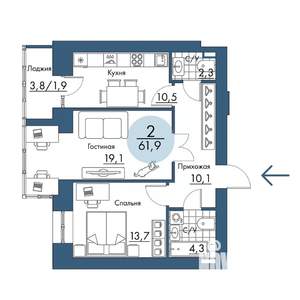 2-к квартира, строящийся дом, 62м2, 3/17 этаж